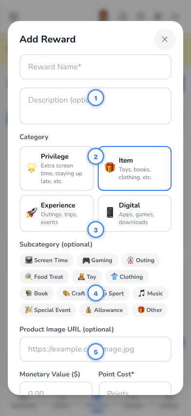 New Reward modal
