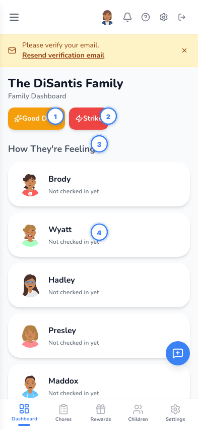 Parent dashboard for The DiSantis family
