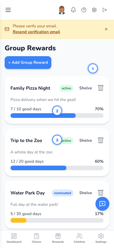 Group rewards page with progress