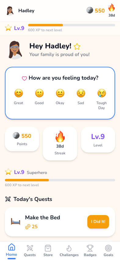 Kid dashboard with mood widget